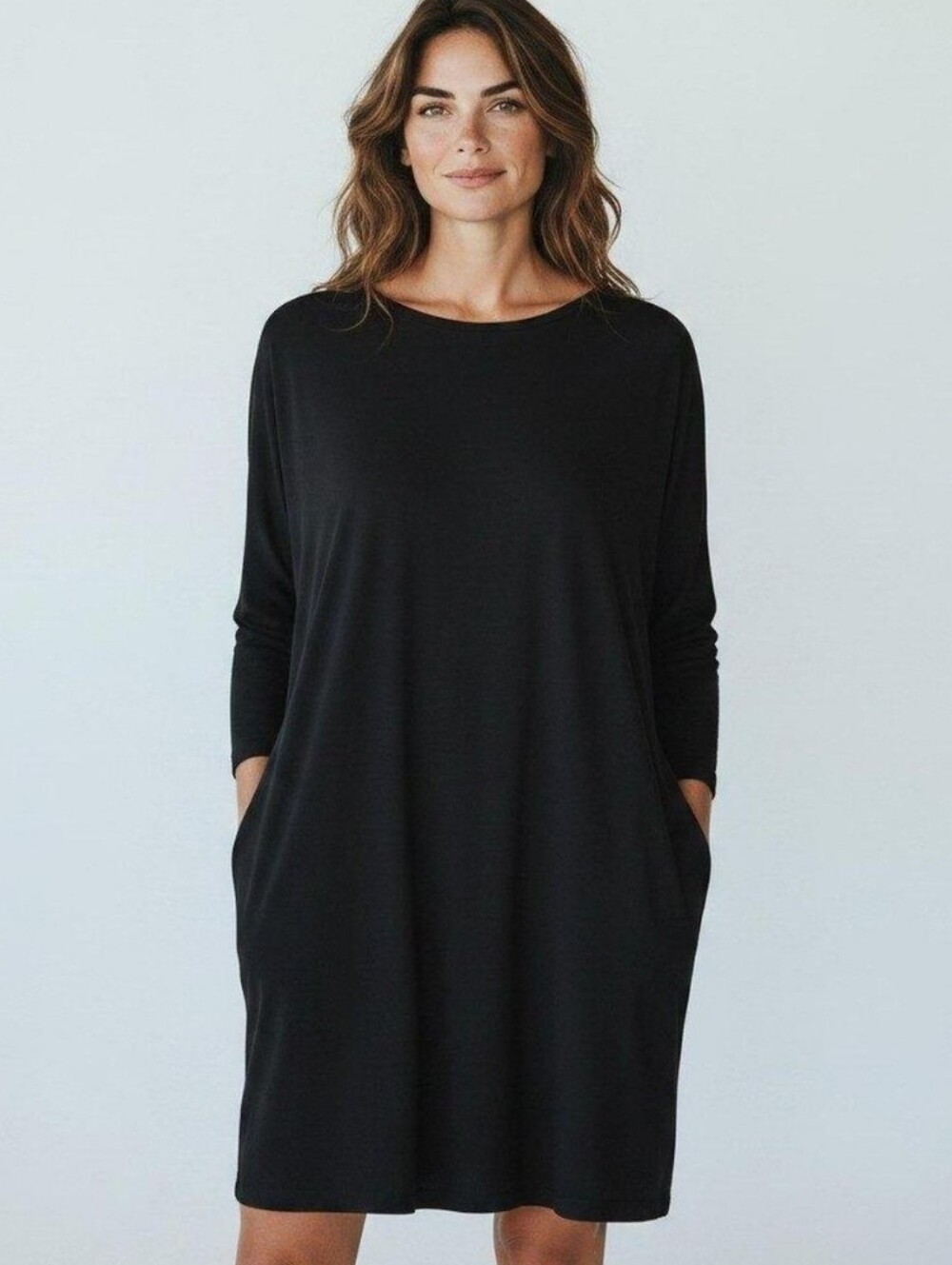 Eileen Fisher Long Sleeve Jersey Dress Large Black Pockets Minimalist Streetwear